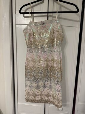Altar’d State Sequin Beaded Spaghetti Strap Cocktail Dress in Gold & Iridescent